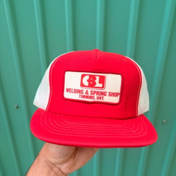 Vintage WELDING SPRING SHOP TIMMINS ONTARIO Patch Trucker Hat snapbacl mesh red - Picture 2 of 6